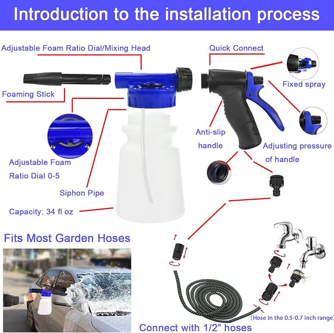 Car Wash Kit with Foam Gun, Bucket and Cleaning Tool, Car Washing Kit | Carwash Supply High-Pressure Foam Spray Wash Mitt Tire Brush Sponge Towels Brush Car Cleaning Kit for Interior and Exterior