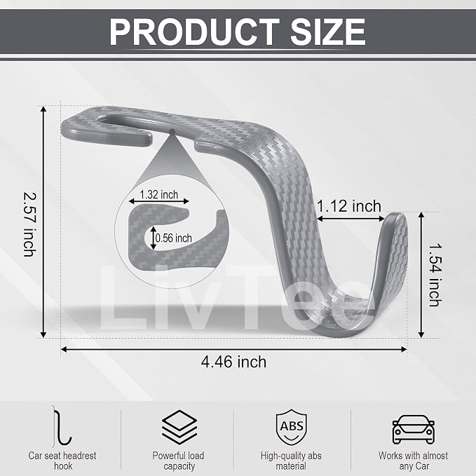 LivTee Car Purse Hook, 4 Pack Universal Auto Seat Headrest Hook Hangers Organizer for Coats, Umbrellas, Groceries - Carbon Fiber Gray
