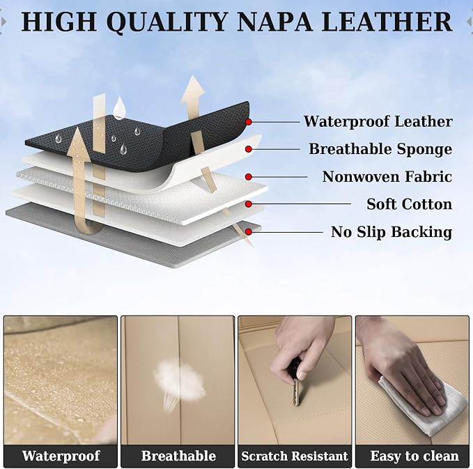 Coverado Backseat Cover for Dogs, Car Seat Protector for Back Seat, Car Seat Covers Beige, Car Seat Cushion Nappa Leather, 3-Pieces Waterproof Seat Covers Carseat Cover Universal Fit for Most Cars