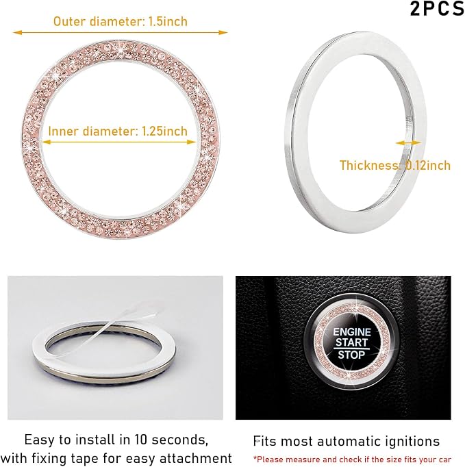 Kewucn 2 PCS Bling Crystal Double Rhinestone Car Engine Start Decoration Ring, Sparkling Push Start Button Sticker, Key Ignition & Knob Ring Decoration, Bling Car Interior Accessory(Peach)