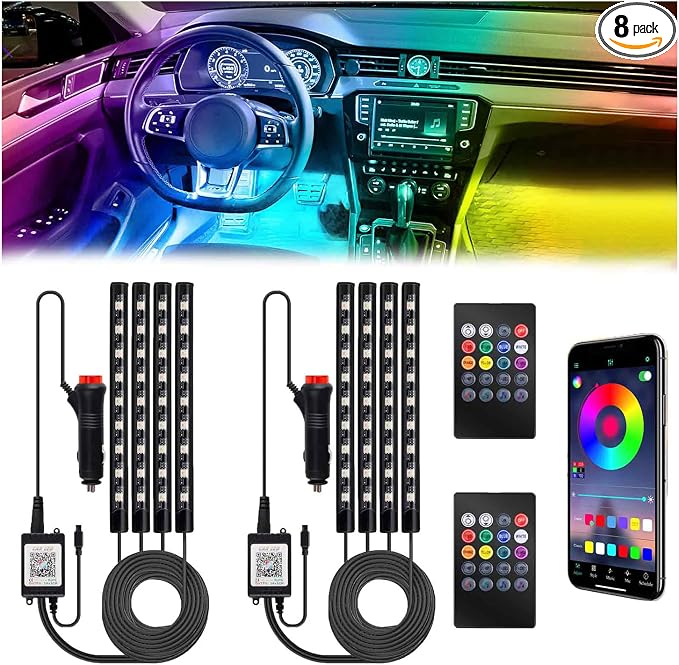 BFXM Car Interior Lights, 12V LED Strip Lights with Cigarette Lighter Adapter, Ambient Lighting Car Accessories, App & Remote Control Music Sync Color Change Lights for Truck Car- 2 Set