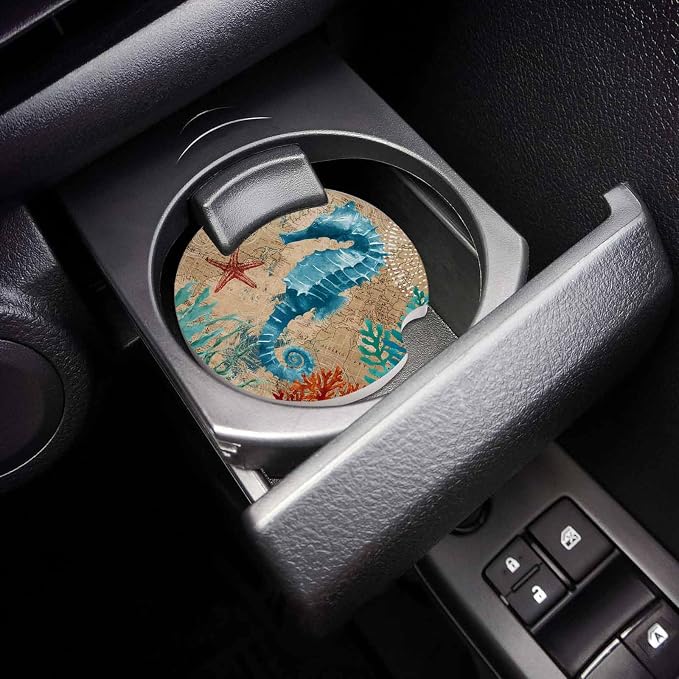 Small Car Coasters for Cup Holders 2.65" Absorbent 4 Pack Car Coaster Ceramic Stone for Drinks Absorb Water Drops Nautical Theme Sea Life Seahorse Starfish and Seaweed