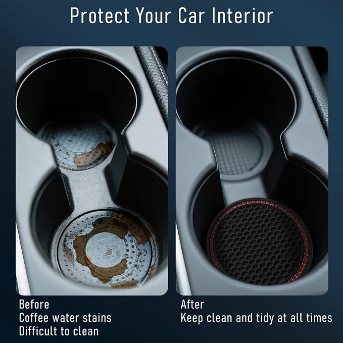 Car Cup Holder Coaster 4 Pack - Non Slip & Shockproof,Flexible PVC Rubber Insert for Car/Truck/SUV/Van (2.75"x0.2") Universal Fit Auto Cup Holders Accessories (Diamond Cup Coaster Red)