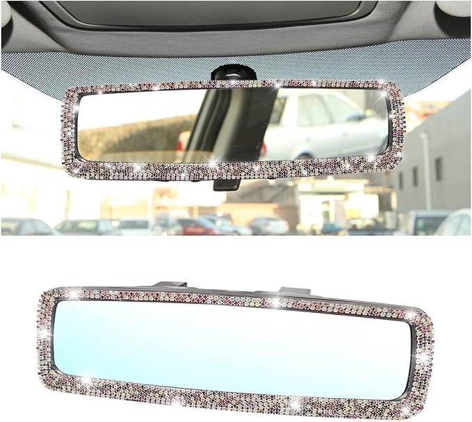 Bling Car Rear View Mirror, Rhinestones Crystal Clip-on Rearview Mirror with HD Glass, Compatible with Most Cars, SUVs, Vehicles, Auto Interior Accessories for Women Girl (Pink)