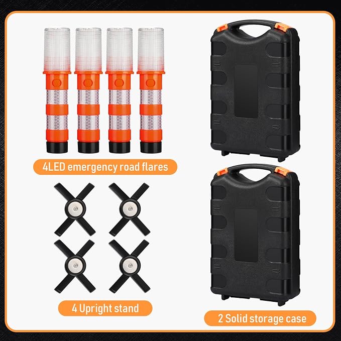 Leumoi 8 Pack Road Flares Emergency Kit LED Roadside Warning Lights Bright Red Highway Flares Lights for Vehicles Road Safety Strobe with Magnetic Bases Detachable Stands Storage for Car Truck