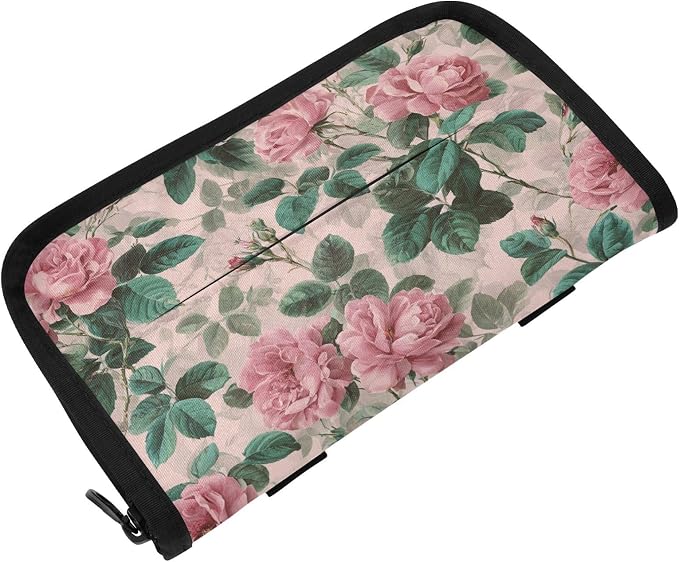 Car Visor Tissue Holder Mask Holder for Car, Car Tissue Box Sun Visor Napkin Holder Car Visor Accessories Adjustable Straps Reusable Durable Easy to Install Pink Vintage Roses with Leaves