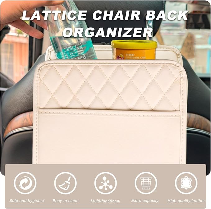 DXNQ Car Seat Back Organizer, Large Capacity Foldable Car Seat Back Hanging Bag with 3 Extra Pockets, Waterproof Leather Auto Seats Storage Organizer, Car Travel Essentials Accessories (White)