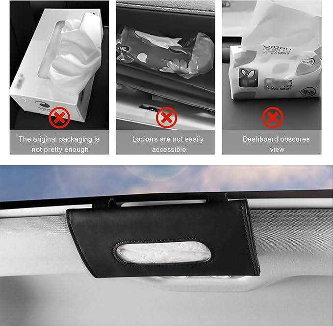 Car Visor Tissue Holder, Leather Auto Paper Towel Case Sun Visor Napkin Dispenser with 1 Pack Tissues, Rectangular Backseat Paper Towel Storage Holder for Most Vehicles (Black)