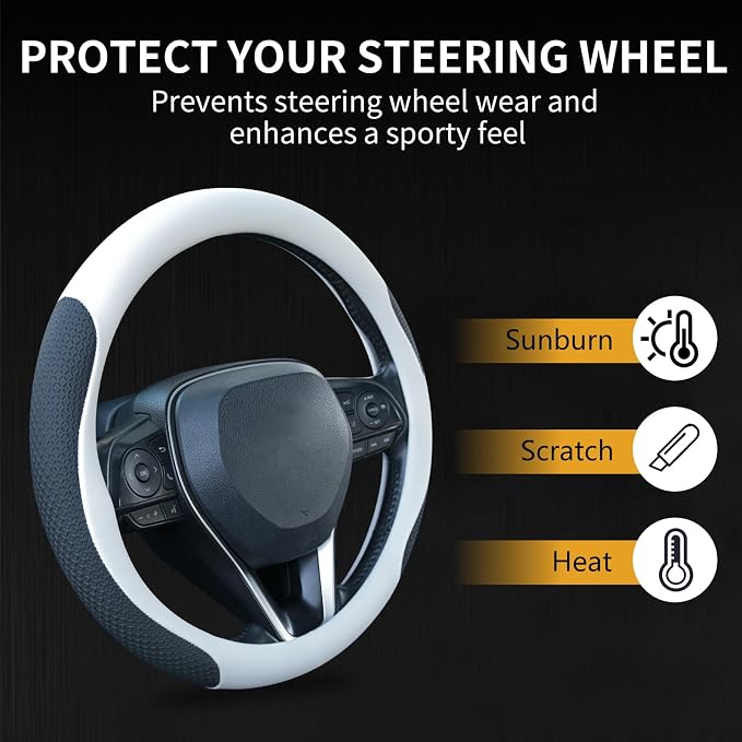 Uxcer Nappa Leather Steering Wheel Cover, Universal 14.5–15 Inch Non-Slip Breathable Steering Wheel Cover for Cars, White