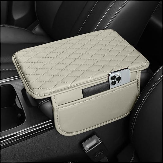 Stacool Upgraded Car Center Console Cover,Microfiber Leather Car Armrest Cover Cushion with 2 Storage Bags,Universal Car Armrest Storage Box (Light Beige)
