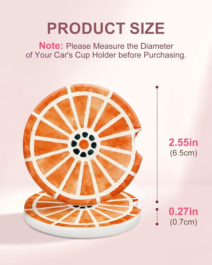 Swooflia 2 Pack Absorbent Ceramic Car Coasters for Women - 2.55 Inch Lemon Orange Car Cup Holder Coasters with Cork Base, Funny Car Accessories, New Driver Gifts
