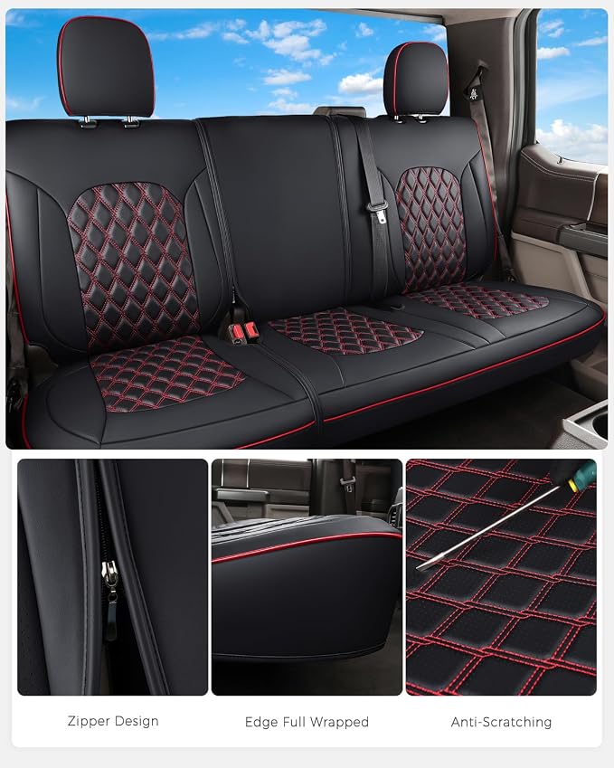Huidasource F150 Rear Seat Covers, Split Back Leather Seat Cushion Cover Fit for 2015-2026 Ford F150 SuperCrew & 2017-2026 F250 F350 F450 Super Duty Crew Cab Pickup Truck (Back Row/Black&Red)