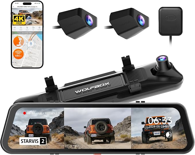 WOLFBOX G900 Tripro Bumper-N 3 Channel 4K Mirror Dash Cam, 4K+2.5K+1080P Front Rear & Bumper Camera,8MP STARVIS 2 IMX 678 Night Vision,12" Smart Screen for Off-Road & Blind Spot(SD Card Not Included)