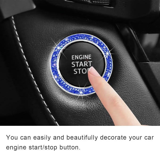 Car Bling Crystal Rhinestone Engine Start Ring Decals, Sparkling Diamond Car Push Start Button Ignition Ring Sticker, Auto Key Ignition Knob Ring Decoration for Women Girls (Dark Blue)