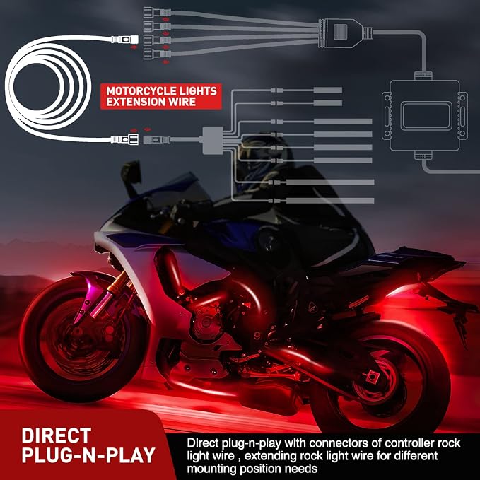 Nilight Extension Cable for Motorcycle LED Strip Lights 4PCS 2 Feet Extension Cords 3PCS 2 Way Y Splitter 4PIN Extension Cord for Underglow Neon Accent Light Strips Rock Lights