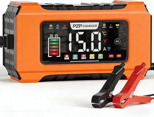 PZP 15-Amp 12V/24V Smart Battery Charger, Maintainer & Trickle Charger for LiFePO4, Lead Acid Batteries - Fully Automatic 9-Stage Charging w/Temp Compensation for Motorcycle Car Truck Lawnmower Boat