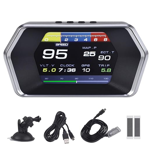 P17 Car HUD OBD & GPS Dual Mode Fuction Speedometer,Display Projects Real time Driving Data Like Speed, RPM, Fuel Consumption, Voltage, Water Temperature,12 Languages Adjustable,for All Vehicle