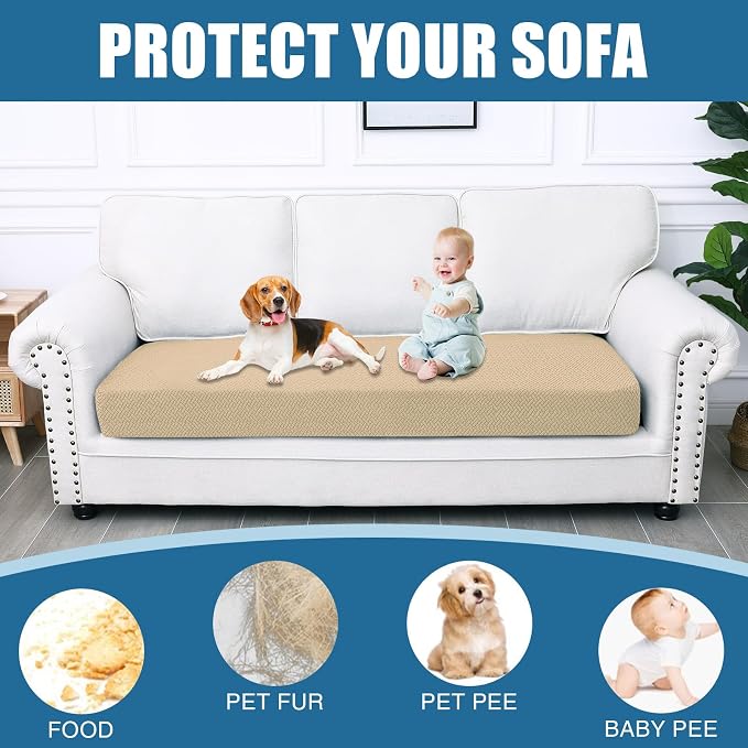 Smiry Waterproof Couch Cushion Covers, Stretch Jacquard Thick Sofa Cushion Covers, Washable Seat Slipcover Elastic Furniture Protector for Pets, Kid (Large, Light Brown)