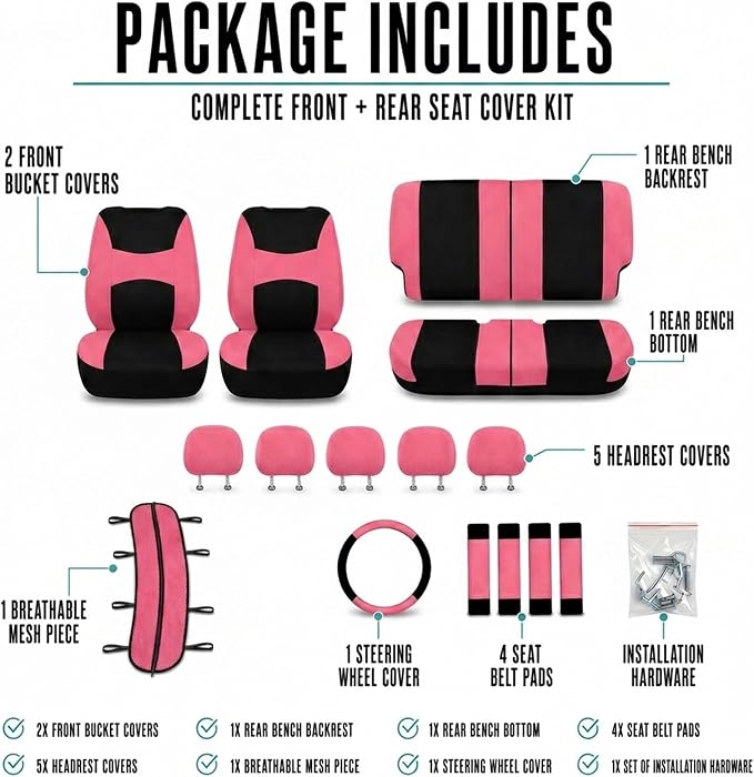 FH Group Full Set Cloth Car Seat Covers, Universal Fit combo, Low Back Front Seat Covers, Airbag Compatible, Split Bench Rear Seat, Washable Seat Cover for SUV, Sedan, Van, Pink