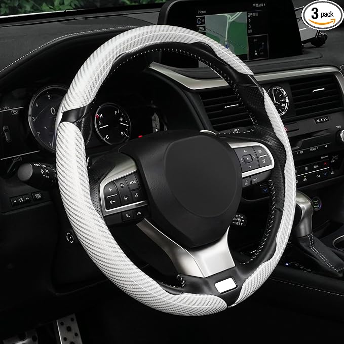 Amiss 3pcs Carbon Fiber Anti-Skid Steering Wheel Cover, Waterproof Design, Universal Fit for 14-16 Inch Car Wheel Cover, Interior Car Accessories for Jeeps, SUVs, Trucks (Glossy White)