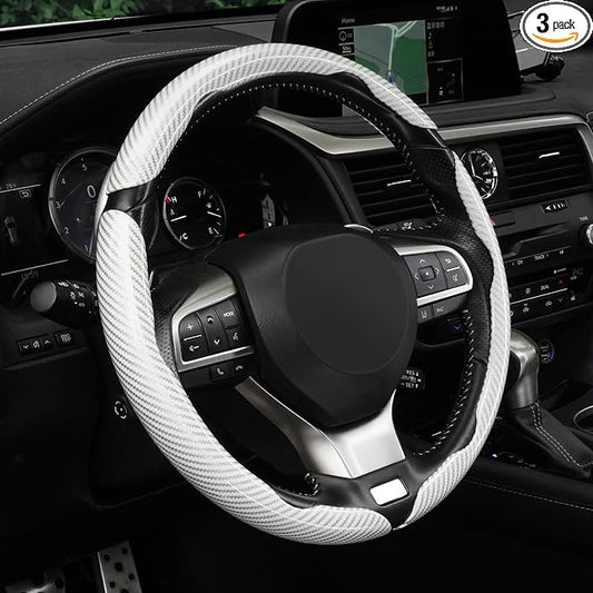 Amiss 3pcs Carbon Fiber Anti-Skid Steering Wheel Cover, Waterproof Design, Universal Fit for 14-16 Inch Car Wheel Cover, Interior Car Accessories for Jeeps, SUVs, Trucks (Glossy White)