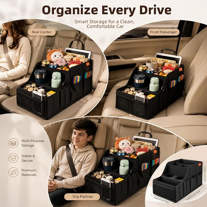 Car Seat Organizer Back Front Captains Seats Storage Travel | Car Organizer, Back Seat Car Organizer, Car Seat Organizer Front Seat – 9 Compartments, 2 Cup Holders – Foldable, Black