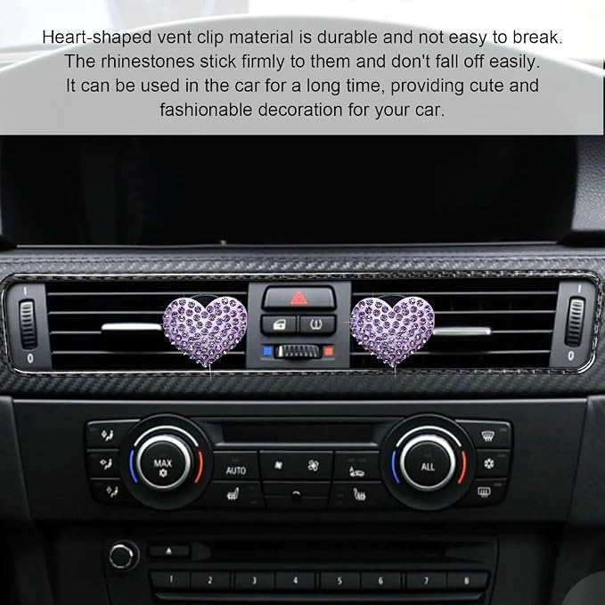 2Pcs Bling Crystal Heart Charms Car Air Vent Clips, Universal Car Interior Decoration Accessories (Purple)