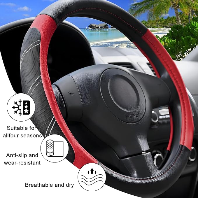 Zpana Car Steering Wheel Cover, 15 Inch Carbon Fiber Leather Non-Slip Steering Wheel Protector with Lining, Breathable Automotive Interior Accessories, Universal for SUV RV Truck (Red)