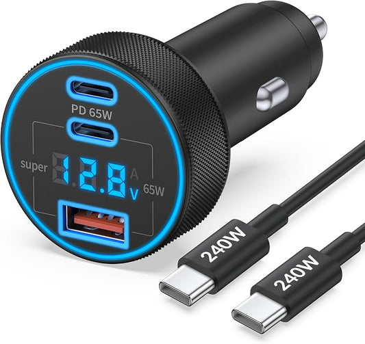 2 Pack 130W 3-Port USB C Super Fast Car Charger (with Voltage Display) for Samsung Galaxy S26/S25/S24/S23/S22 Ultra/Z Fold, Android Phone, Type C Car Charger Adapter Accessories + 240W 3FT USB C Cable