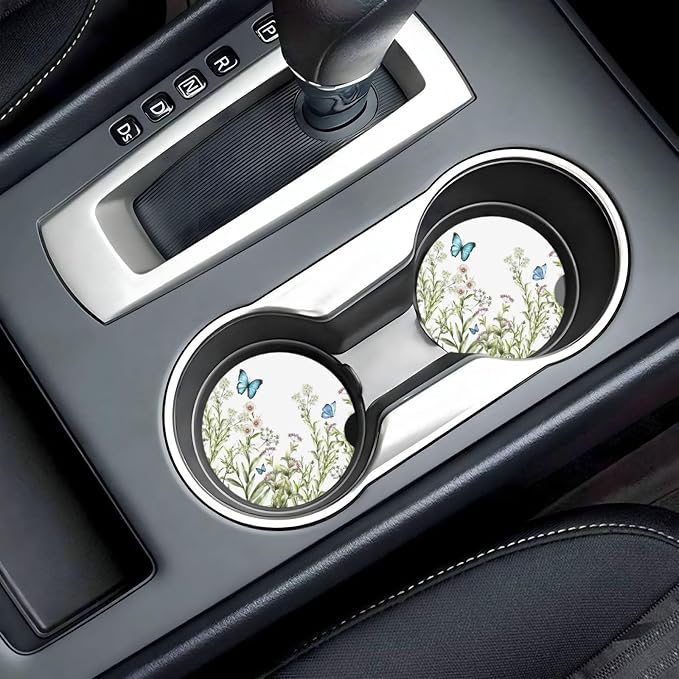 Flower Butterfly Car Cup Holder Coaster 2 Pack - Absorbent Ceramic Coasters With Anti-Slip Cork Base and Finger Notch for Women Men Universal Car Accessories Interior