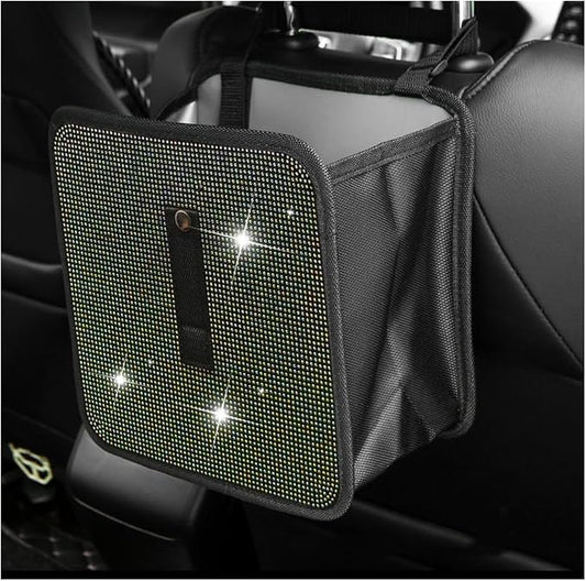 Car Trash Can, Bling Rhinestone Crystal Waterproof Hanging Garbage Bag for Car Interior, Oxford Leakproof Foldable Waste Organizer Trash Bin Universal for Most Vehicles (AB)