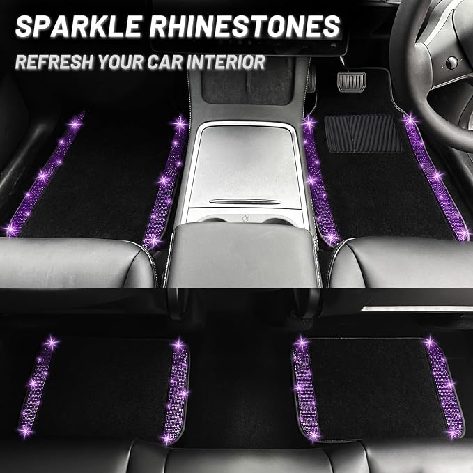 NBTEPEM 12 Pcs Bling Car Accessories Set for Women Car Floor Mats Full Set Steering Wheel Cover Seat Belt Covers Coasters Universal Fit Car SUV Truck Van Purple