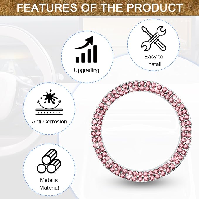 Bling Car Engine Start Ring Decals, 2PCS Sparkling Crystal Rhinestone Vehicle Push to Start Button Sticker, Diamond Auto Key Ignition Knob Decorative Ring, Universal for Vehicles (Pink)