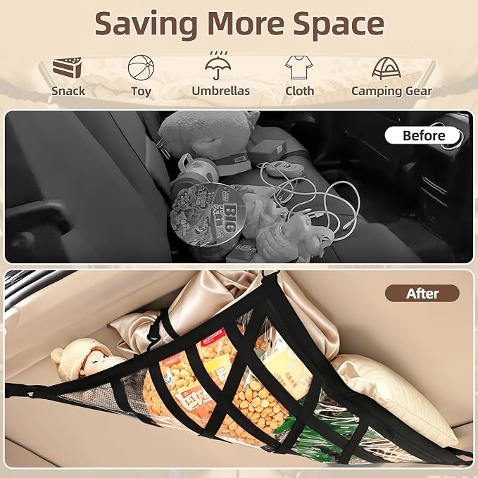 3 or 4 Handles Car Ceiling Cargo Net for Inside Car Roof 32.6 x 22.4'' | 83x57cm Univeral ,INylon Mesh PVC,interior Mesh Storage,Truck Travel Long Road Trip Camping Accessories,Sedan SUV MPV Van
