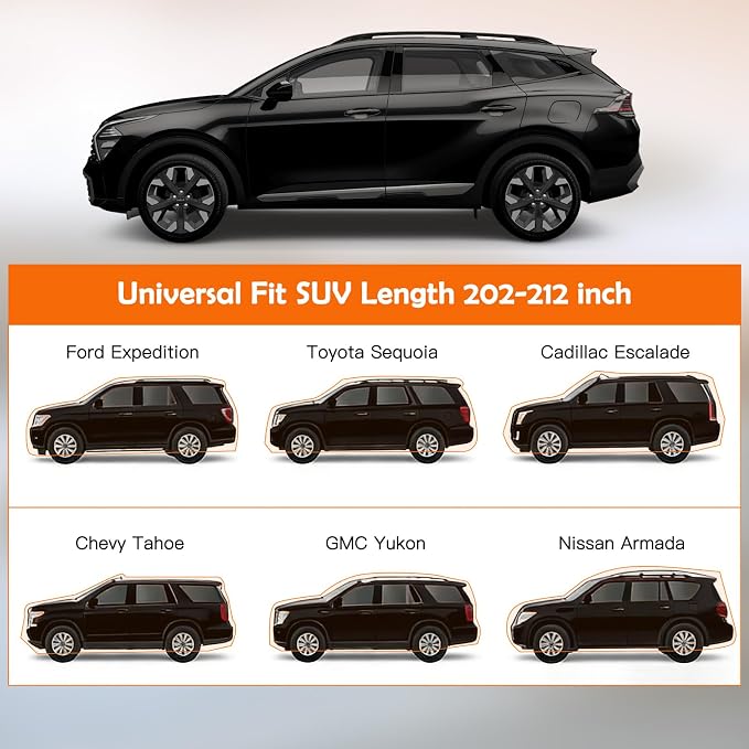 Universal Fit Car Cover for SUV Length 202-212in, Waterproof Automobiles Cover All Weather Compatible with Chevrolet Tahoe, Ford Expedition, Cadillac Escalade, Toyota Sequoia, GMC Yukon