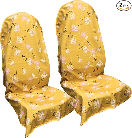 Waterproof Car Seat Cover for Front Seats, Protector for Cars SUVs Trucks, Sweat Towel Seat Covers Bucket for Gym, Workout, Beach, Hiking, Running and Swimming(Chamomile and Yellow, 2PCS)