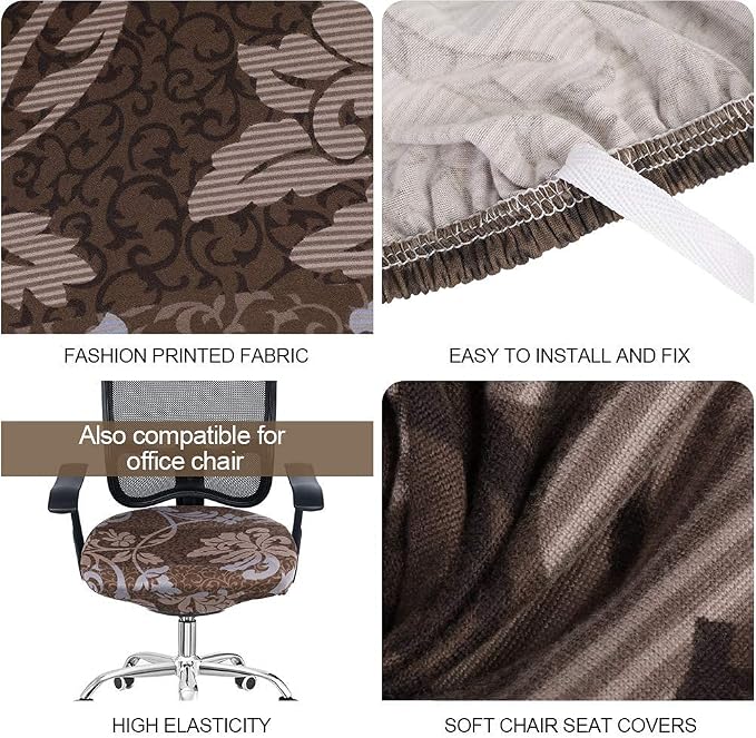 SearchI Seat Covers for Dining Room Chairs Stretch Printed Chair Seat Covers Set of 8, Removable Washable Upholstered Chair Seat Protector Cushion Slipcovers for Kitchen, Office(Brown+Flower)
