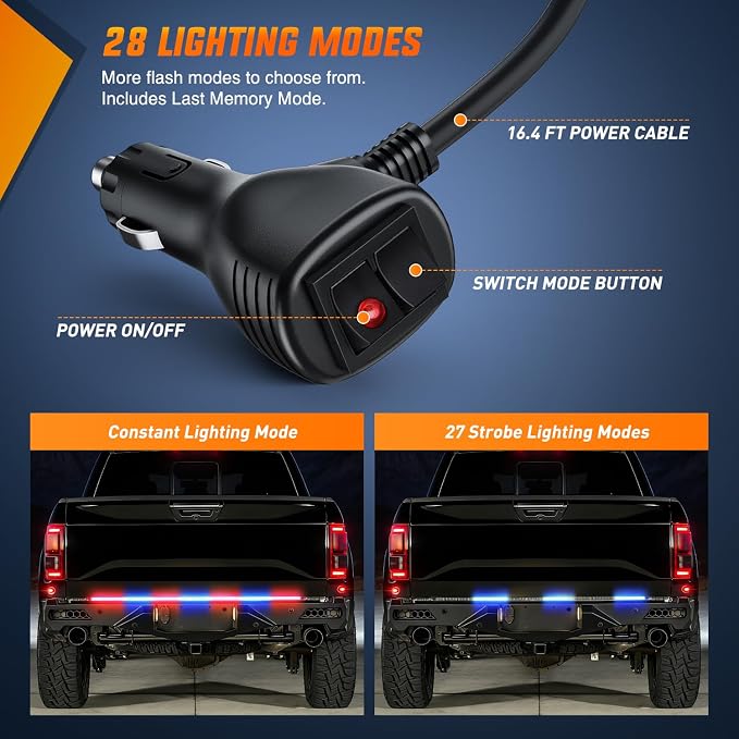 Nilight 60 Inch Truck Tailgate Strobe Light Strip Tail Emergency Bar Rear Window Warning Lamp Ultra-Bright Double Row 360 LED for Pickup Trailers Construction Vehicles Car SUV, Red Blue