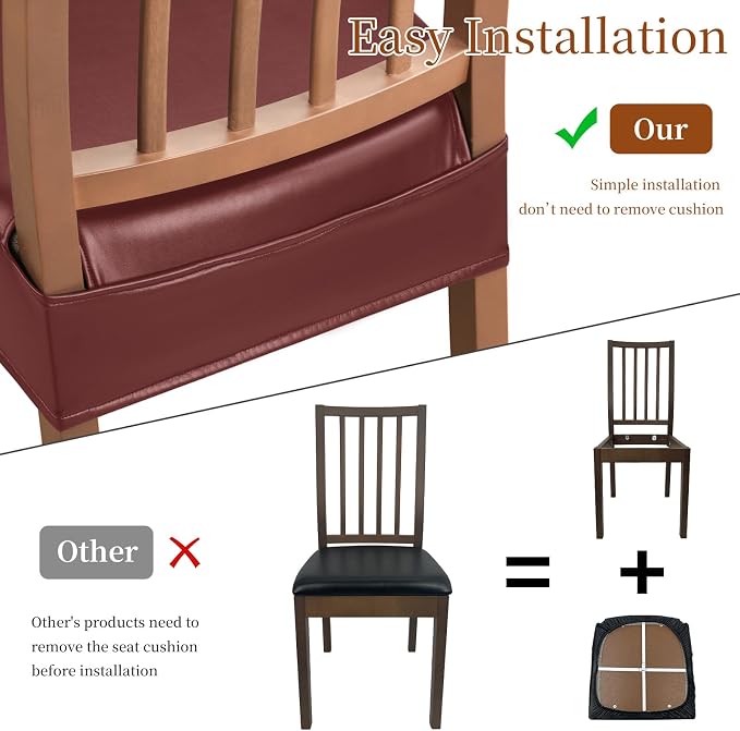 Waterproof Dining Chair Seat Covers Leather Kitchen Seat Covers, Stain Resistant Stretch Chair Seat Covers for Dining Room Chairs Set of 6, Rear Covered Washable Dining Chair Covers Wine Red