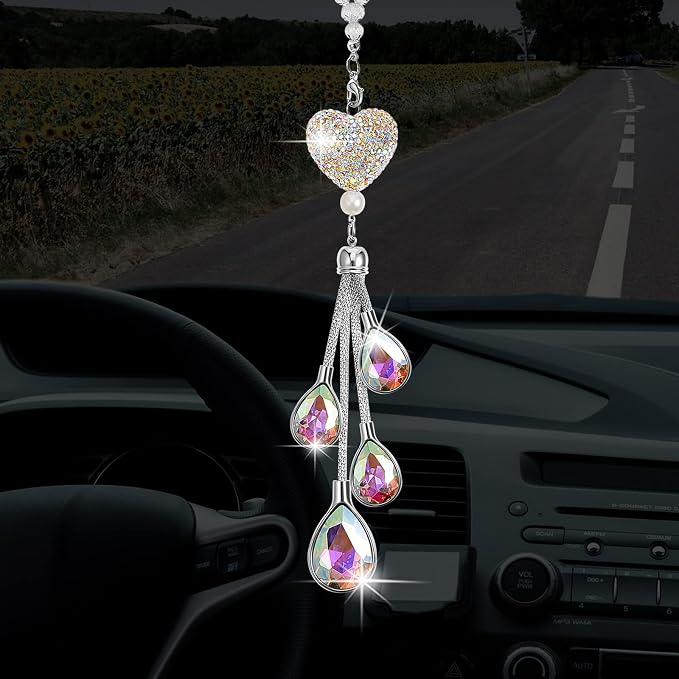 Frienda Bling Car Rear View Mirror Accessories for Women Gift Cute Heart Crystal Hanging Charm Diamond Decoration Lucky Interior Ornament Pendant(7.5 Inch,AB Color)