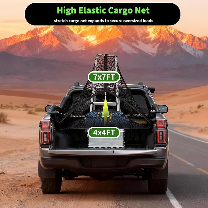 Cargo Net for Pickup Truck Bed, Double Layer, Highly Elastic | Stretchable 4"x4" to 7"x7", Truck Bed Net with 6 Metal Carabiners for Daily Light Loads of Trucks, Vans and SUVs