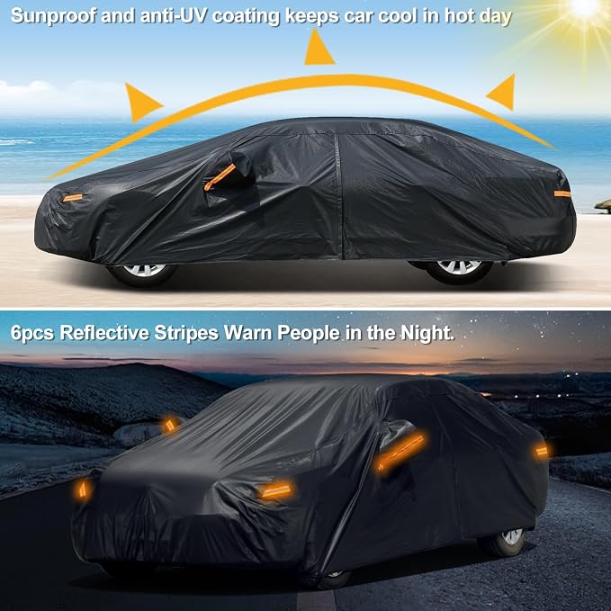 SEAZEN 7 Layers Car Cover Waterproof All Weather, Heavy Duty Car Cover for Automobiles with Zipper Full Exterior Cover Outdoor UV Snow Wind Protection, Universal Full Car Cover for Sedan Up to 200"