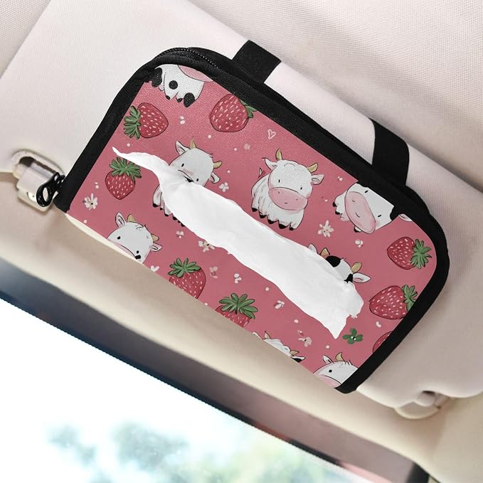 Cows Strawberry Flower Car Tissue Holder Durable Napkin Holder Hanging Tissue Holders Case Car Tissues Bag for Sun Visor Seat Back Universal Auto