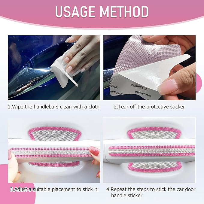 10 PCS Bling Car Door Handle Protector, Shiny Crystal Rhinestone Anti-Scratch Universal Cars Door Handle Protective Cover, Glitter Automotive Exterior Accessories for Women (Pink and White)