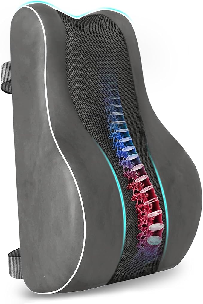 CloudBliss Ergonomic Lumbar Support Pillow Seat Cuhsion - Memory Foam for Lower Back Pain Relief, Adjustable Straps & Mesh Cover for Office, Gaming, Car Seat (Medium, Grey)