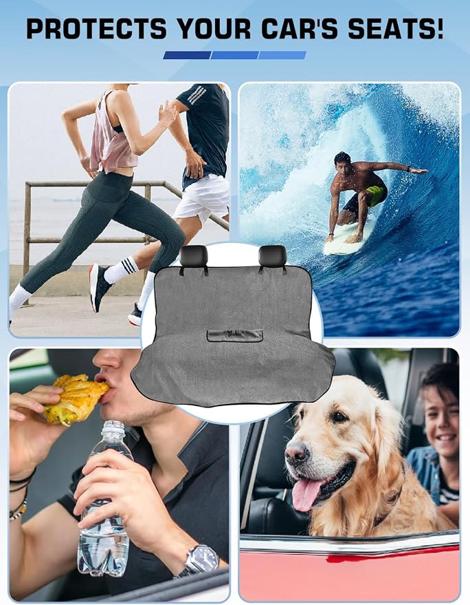 1160g Heavy Duty Towel Car Seat Cover, Sweatproof Absorbent Microfiber Rear Seat Protector for Gym Beach Athletes, Universal Fit Waterproof Back Seat Mat for Sedans SUV Minivans(Gray,1PC)