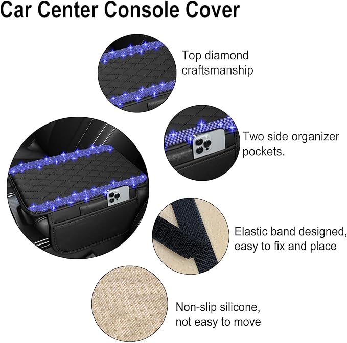 NBTEPEM Bling Car Center Console Cover, Leather Car Arm Rest Cover Cushion with 2 Storage Bags, Universal Automotive Armrest Protector Storage Box, Bling Accessories Interior for Most Vehicles (Blue)