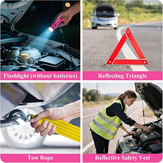 Car Roadside Emergency Kit, Vehicle Truck Safety Emergency Road Side Assistance Kits with Jumper Cables, Auto Air Compressor Tire Inflator, Pink
