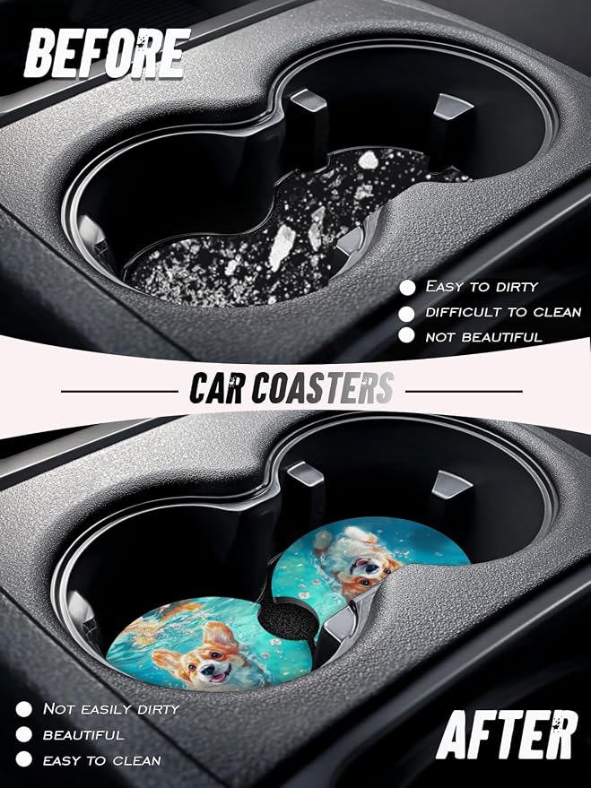 Car Cup Coasters,2 Pack Car Coaster,2.75inch Anti Slip and Absorbent Cars Coasters for Cup Holders,Neopren Accessories for Women,Cute Decor for Women (Corgi)