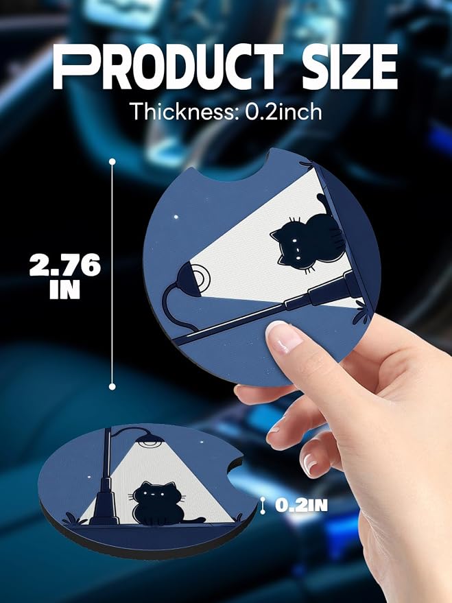 WOCOCN Car Coasters,Cup Holder Coasters for Car,2.75inch Anti Slip and Absorbent,Cute Automotive Interior Accessories for Cup Holder,Pack of 2 (Street Lamp Kitten)